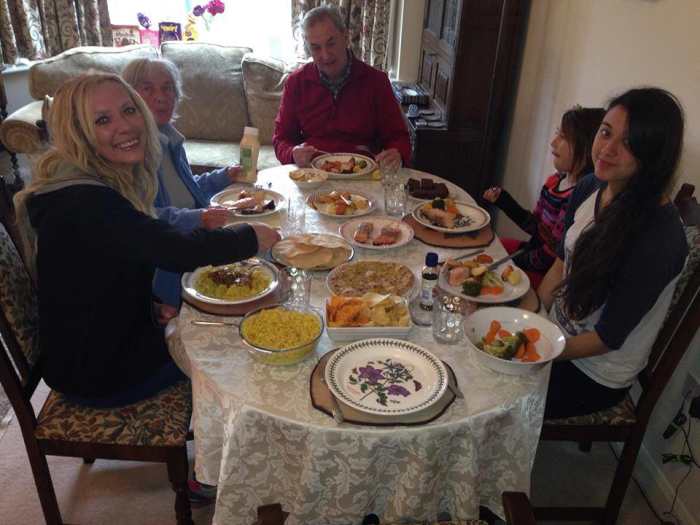 A happy family gathering (Easter 2014): Me, mum, Eric, Sarah and Becky enjoying a lovely meal cooked by my sister-in-law, Liza.