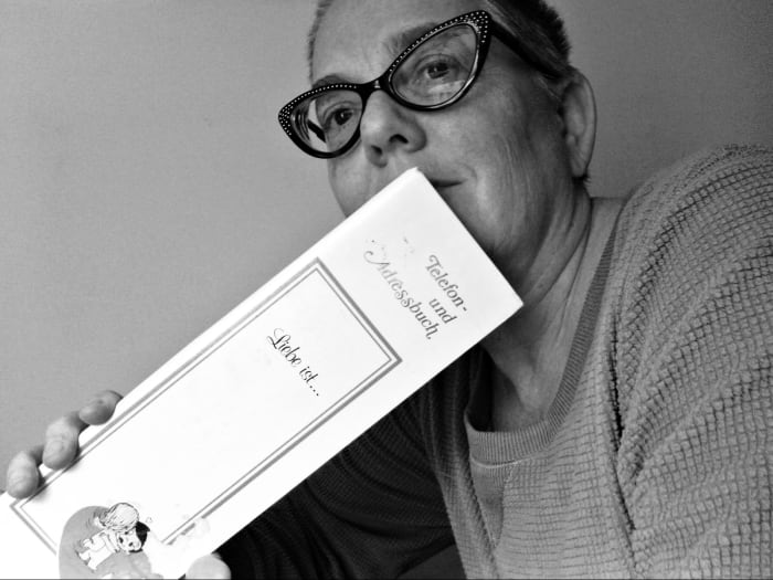 The author with her address book that she purchased in Germany in the 70s while living on Strassburg Kaserne with her family.