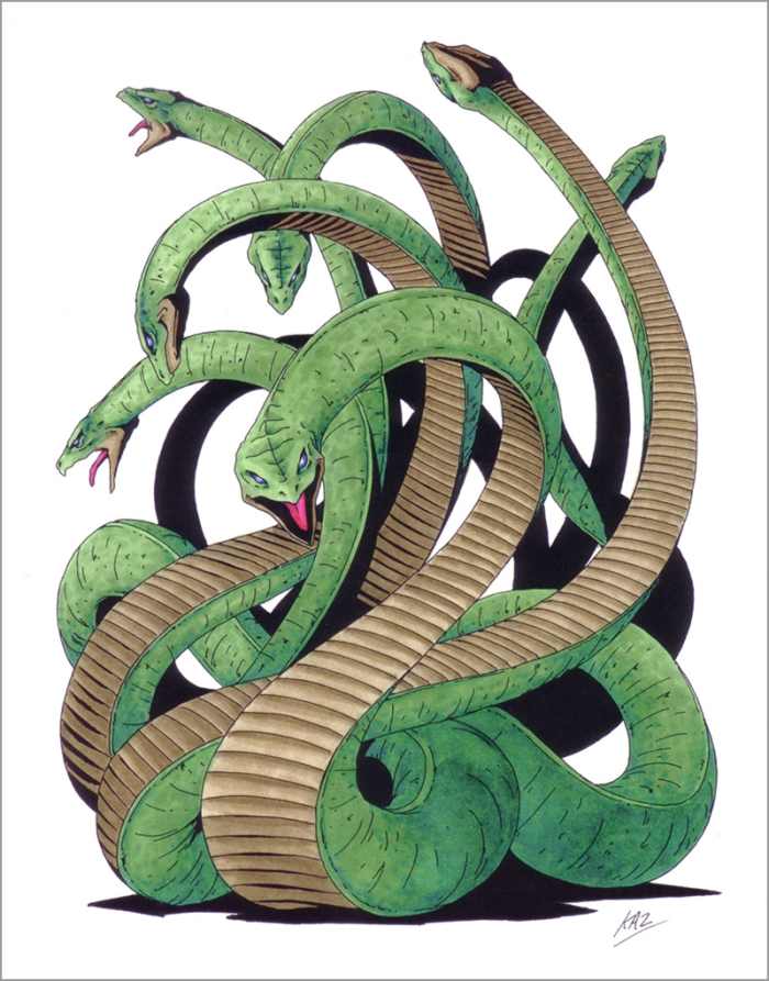 Yamata-no-Orochi artwork from the Shin Megami Tensei series of games. Almost as famous as Kusanagi-no-Tsurugi, Orochi appears in many games as a fearsome enemy.