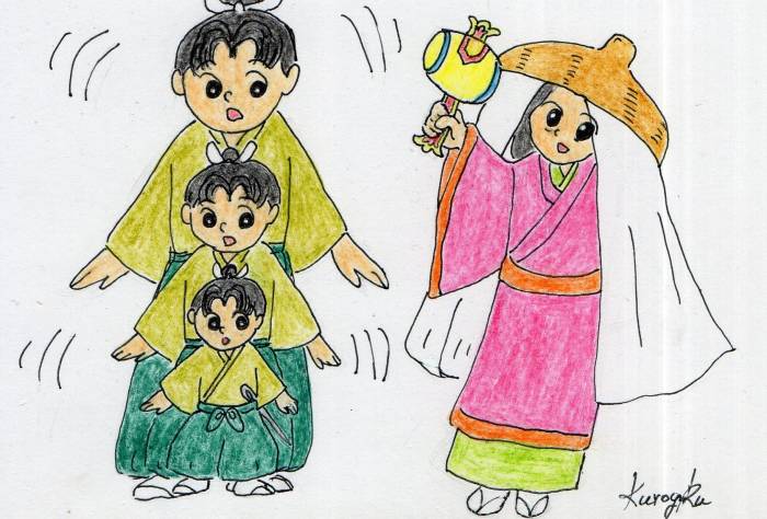 Ohimesama (lord's daughter) shakes the uchide no kazuchi (magic mallet) and Issun-boshi grows.