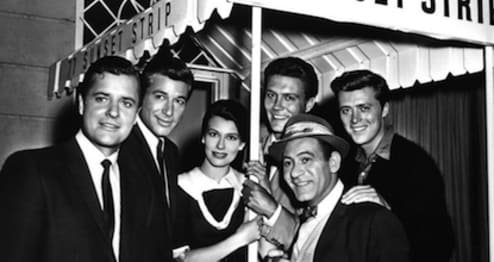 (From left) Richard Long; Efrum Zimblast, Jr.; Jacquelyn Beer; Roger Smith; Louis Quinn amd Edd "Kookie" Burns. Cast of 77 Sunset Strip.