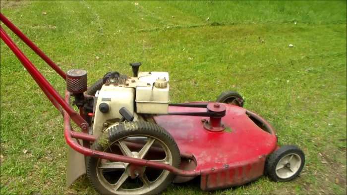 This is a Yazoo Big-Wheel Mower' made in Jackson, MS., this machine can mow the grass to feed milk cows, but not to cultivate almonds.