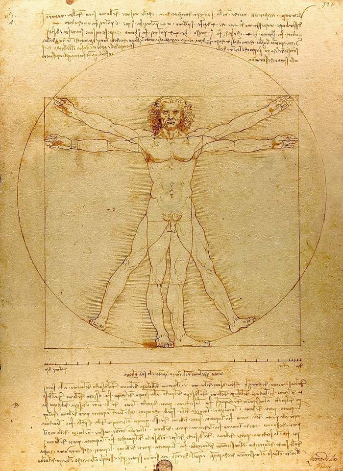 The Vitruvian Man c. 1485 Accademia Venice. The drawing represents ideal human body proportions. Its inscription in a square and a circle comes from a description by the ancient Roman architect Vitruvius in Book III of his treatise De architectura.