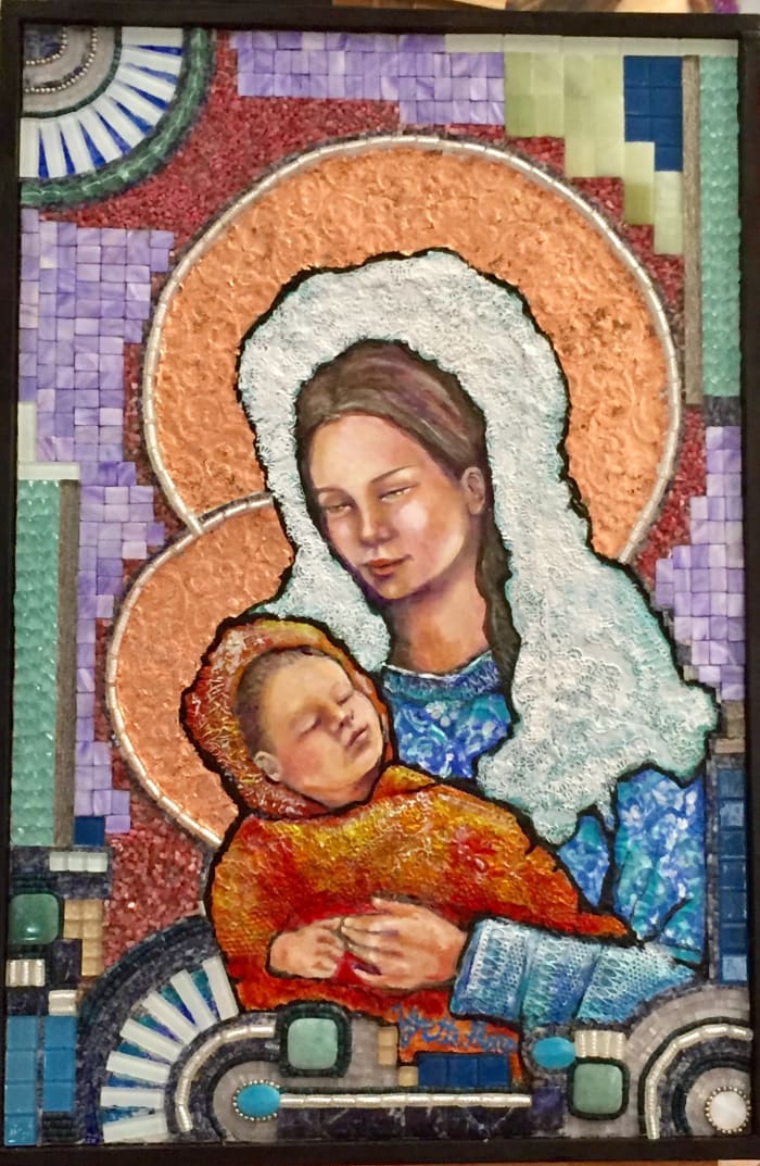 Anabelle's attention is caught by the painting "Madonna and Child" on the church wall