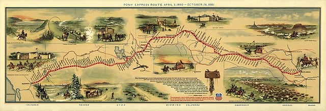 Illustrated Map of Pony Express Route in 1860 by William Henry Jackson ~ Courtesy the Library of Congress ~ The Pony Express mail route, April 3, 1860 – October 24, 1860