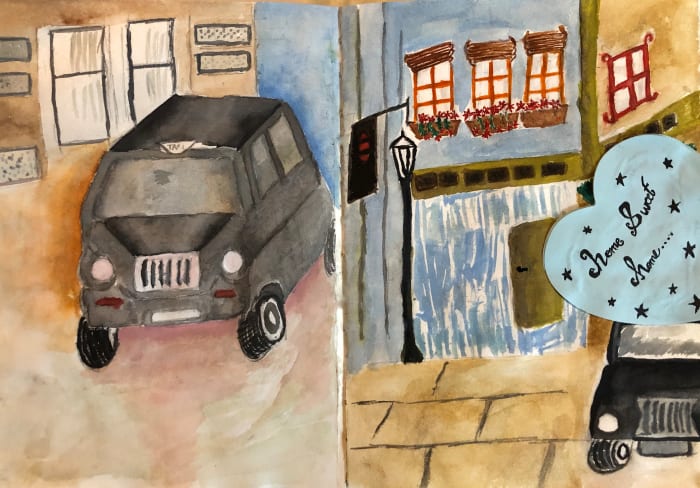 I took a black cab home without any money. On the left is a sketch of a black cab that I got into. On the right is a sketch of a cab taking me to my destination.