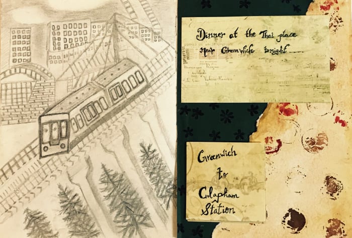 After dinner, I went to the tube station and realised my travel card was not topped up. On the left is a sketch of the tube station. On the right is a picture of vintage scrapbooking where I have coin impressions, and writings on vintage paper.