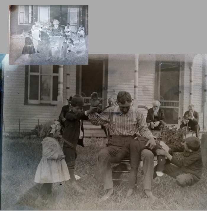 "Spanking." Friedrich Vollmar is the old man with white hair in the back. I will assume the man doing the spanking is William, while the other two older men in the back are George and Jakob.