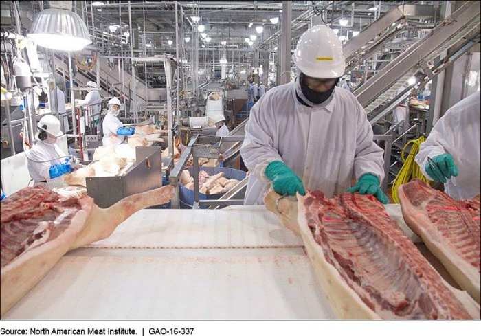 Workers in beef slaughter house use hooks to hold processed beef.