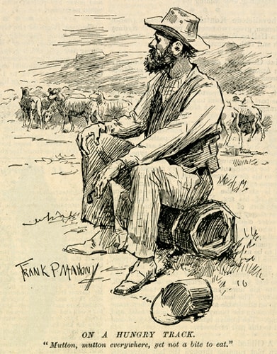 On a Hungry Track is the title of his painting by Frank Mahony. Is he a bum, tramp, or just a lazy guy?