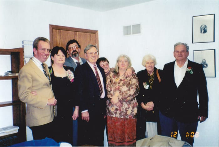 Pictured from left to right: John Ackley, Connie Ackley Kuehn, Philip, the author, Patty, Beatrice, mom, and dad