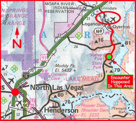 Stan and Eric began their journey southward on Highway 169 from the north end of the Moapa Valley. They weren't quite halfway to Las Vegas when they had their UFO encounter.