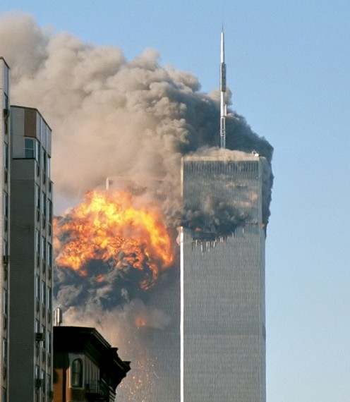 The northeast face of Two World Trade Center (south tower) after being struck by plane in the south face.