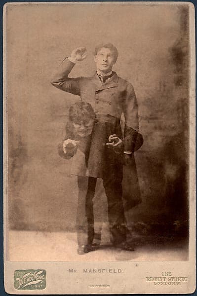 Richard Mansfield's photo is double exposed: he played Dr. Jekyll and Mr. Hyde on the stages of New York and London. The stage adaptation premiered in New York in 1887.