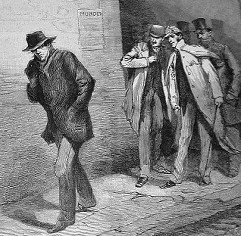 Man in dark clothing is an obvious Jack-the-Ripper suspect. Two men in background resemble Sherlock Holmes and Watson. Several fictional novels included them together.