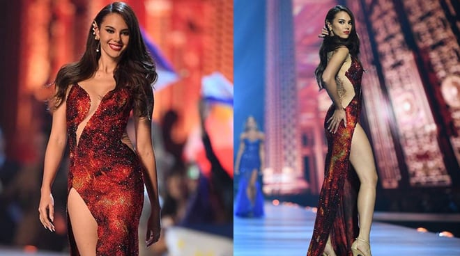 2018 Ms. Universe Catriona Gray wearing the Mayon Volcano lava inspired gown during the competition.