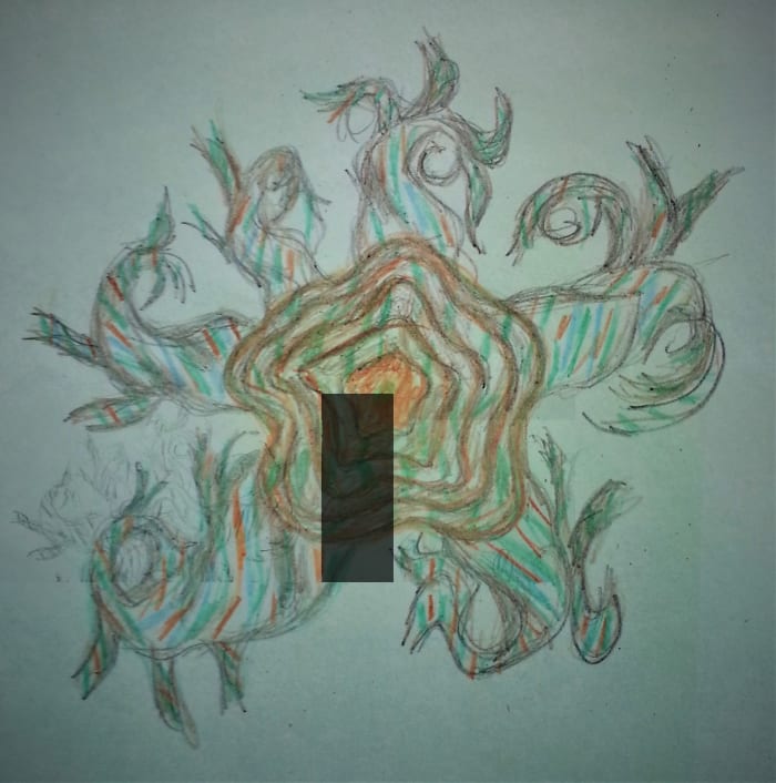 My "Roots Cross Section" drawing from our 2014 annual "TutSabbat" January Moon Circle, showing a view of my Symbolic Tree roots looking down into the inside, rather than from the side