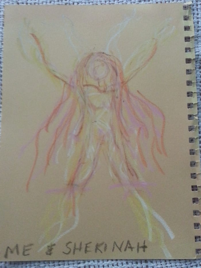 My second drawing from our 2012 "TutSabbat" annual January Moon circle showing my kinship with Shekinah living in the trunk of my "Sacred Eden Tree"