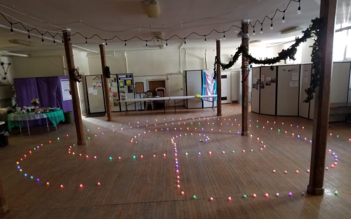Walking on a labyrinth path of lights is like walking inside a rainbow. It's magical! This is the path I built at my UU church for the type of meditation on Awe and Wonder included in this article.