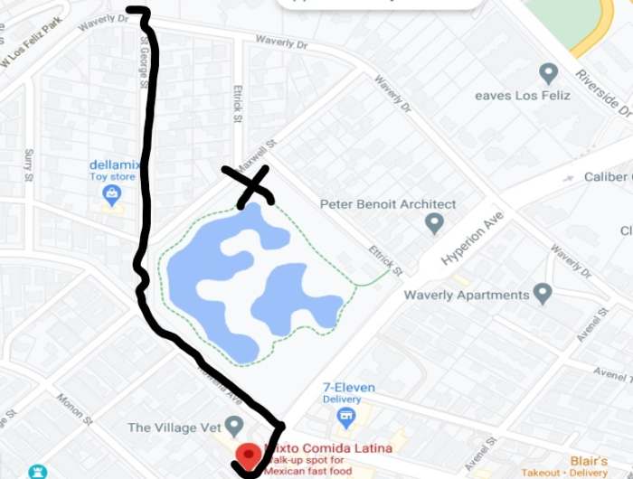 The route Frank took from his house to the hamburger stand (bottom of picture). The original building still stands. The "X" marks the area where Tex threw the bayonet and clothes into the Rowena Reservoir.