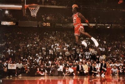 The famous poster capturing one of Michael Jordan's most iconic moments of his career and sports in general.
