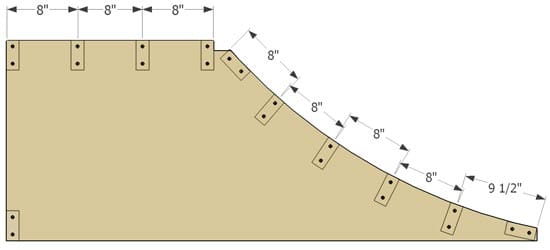 Make marks where the remaining pieces will go and then continue framing the deck and riding surface. Most 2×4s will be 8" on center.