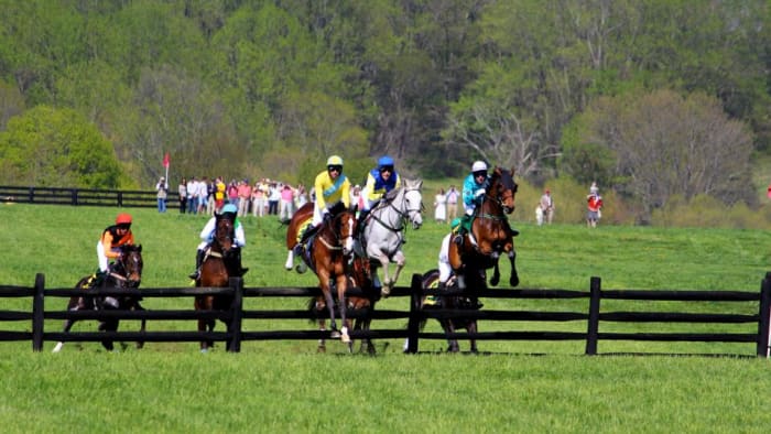 A steeplechase is a cross-country horserace in which participants must jump numerous wooden rail hurdles called "timbers."