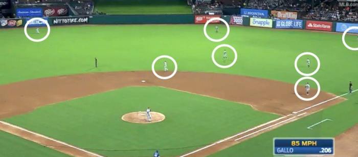 A view of the infamous Joey Gallo Shift that teams employ against the extreme pull hitter. This league's rules would allow shifting, but not allow shifts this drastic.