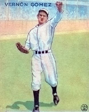 Lefty Gomez on a Goudey Gum baseball card. Gomez won two AL Triple Crowns with the Yankees.