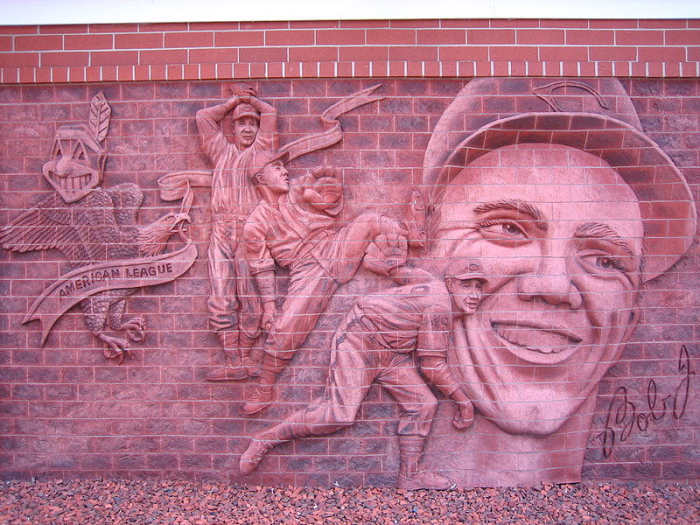 Wall sculpture at the Bob Feller Museum in Van Meter, Iowa. Feller threw an Opening Day no-hitter on his way to the 1940 Al Triple Crown.