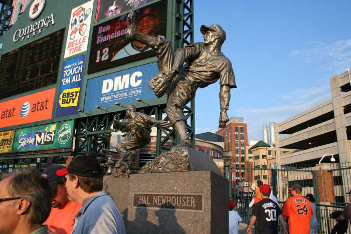 Statue of Hal Neuhouser in Detroit's Comerica Park. Newhouser's 1945 Triple Crown season included 29 complete games and eight shutouts.