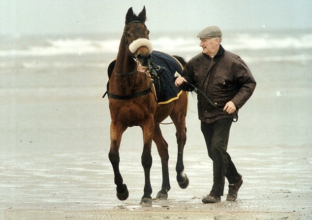 The famous racehorse Red Rum, who was owned by Noel Le Mere, is exercised on the beach by his late trainer Ginger McCain.