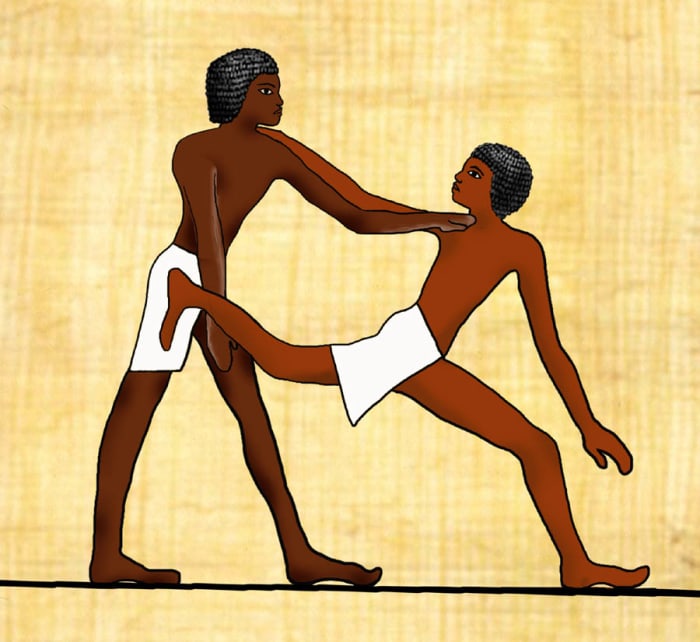 Ancient tomb art from the Beni Hasan site in Egypt date back 4,000 years ago, illustrate martial arts techniques.