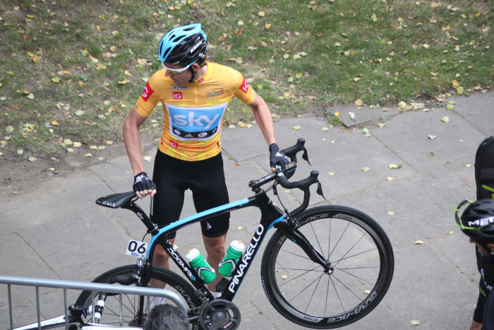 Team Sky's Luke Rowe at the Tour of Britain 2012 with a Pinarello Dogma like the one used by Bradley Wiggins in his Tour De France win. Equipped with Di2 Dura-Ace