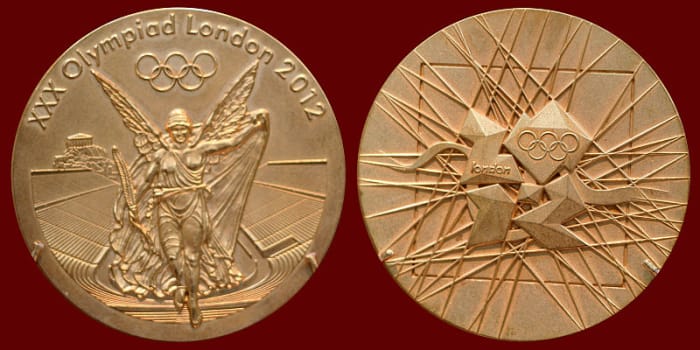 London 2012 Olympic gold medal. The largest and heaviest medals to be awarded at a Summer Olympic Games, the 'gold' medal only contains around 6g of gold.