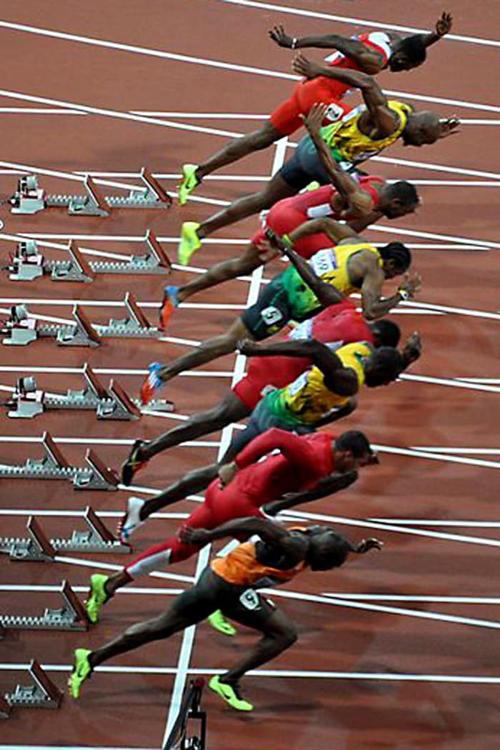 The start of the men's 100 metres final, arguably the most anticipated event of the 2012 Olympics, was won by Jamaican athlete Usain Bolt.