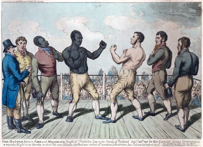 Tom Molineaux, a freed slave, fought in England. He retired in 1815, turned to drink, and died in poverty aged 34.