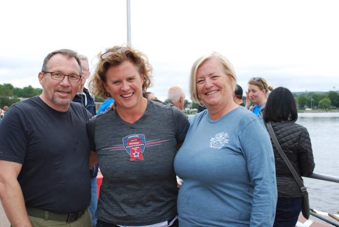 The author, Siobhan Duff, and the author's wife, Kim Power Barnes, pond side at the 2018 Royal St. John's Regatta.