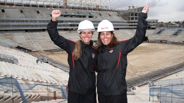 Julie Foudy (right), pictured with Brandi Chastain