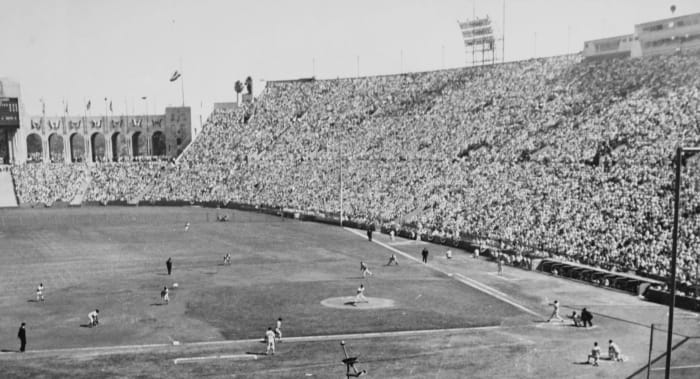 The Los Angeles Coliseum, pictured here hosting the 1959 World Series, was not built for baseball, but could house a crowd of over 90,000 at full capacity.