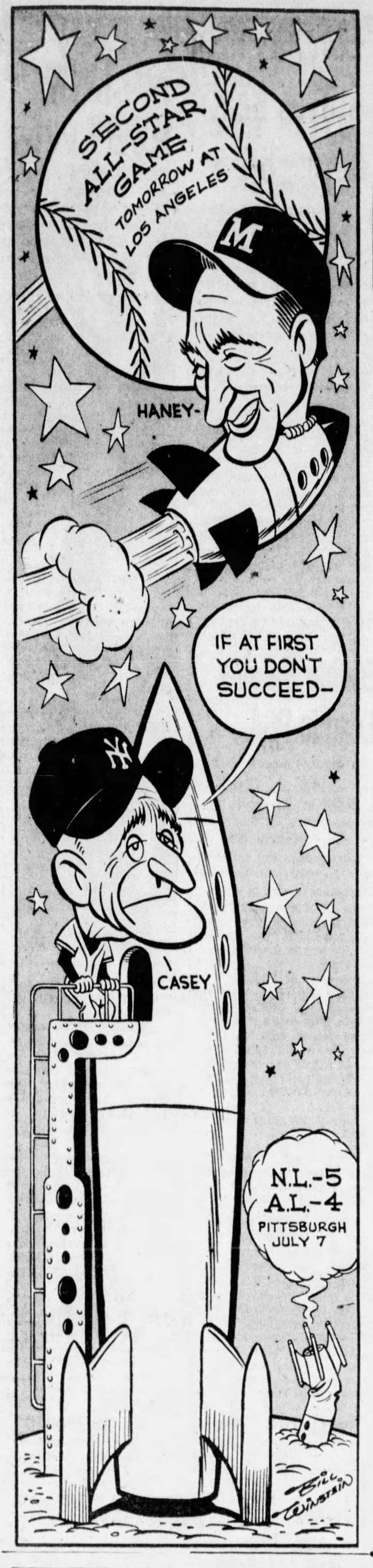 An editorial cartoon previewing the second All-Star game held in Los Angeles in 1959.