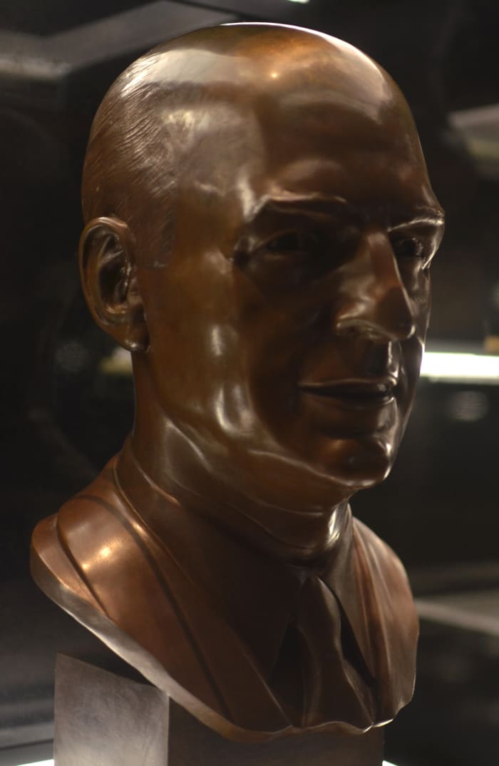 The bust of former Cleveland Browns head coach, Paul Brown, as seen in the Pro Football Hall of Fame in Canton, Ohio.