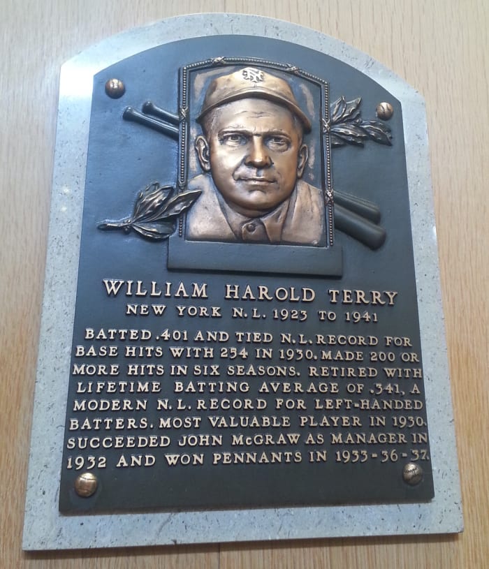 The Hall of Fame plaque of former New York Giants legend Bill Terry, as seen in the Baseball Hall of Fame.