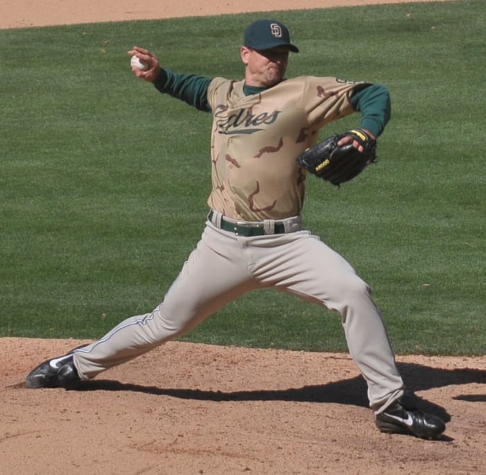 Former San Diego Padres closer and baseball Hall of Famer Trevor Hoffman fires a pitch during the 2008 season, his last of 16 with the Padres.
