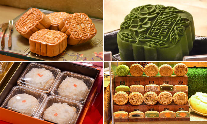 There are many regional variations. Clockwise from top left: Traditional, snow skin, a box featuring a variety of fillings, and chao shan.