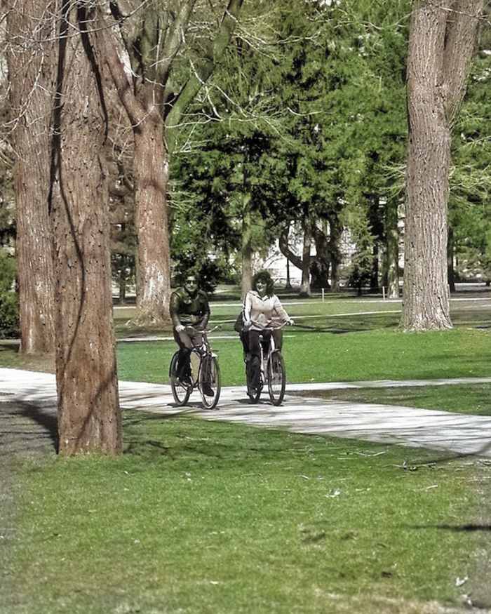 The artificial intelligence did a good job with the grass and trees, but ignored the bicyclists entirely. This one will have to be finished by hand.
