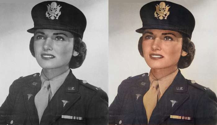 The artificial intelligence tinted this Army Nurse Corp's lips red, gave her a natural skin tone, and even added a gold tint to the badge on her cap