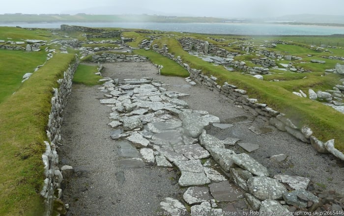 Jarlshof: The Norse settlement (Viking). The Vikings left their mark at Jarlshof with extensive remains at the northern half of the site. The Norse settlement covers a period from about 800 to 1200 AD.