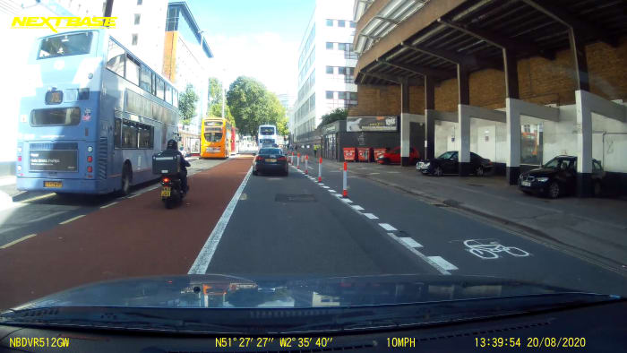New road layout in Bristol City Centre for 2021. Bus lane on left, cars in the middle, and a new cycle lane on the right.