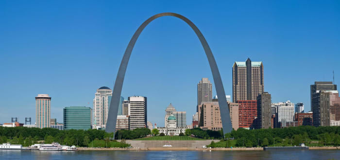 In 1965, the St. Louis Arch, “a spectacular 630-foot-high parabola of stainless steel” on the waterfront of St. Louis, was completed.